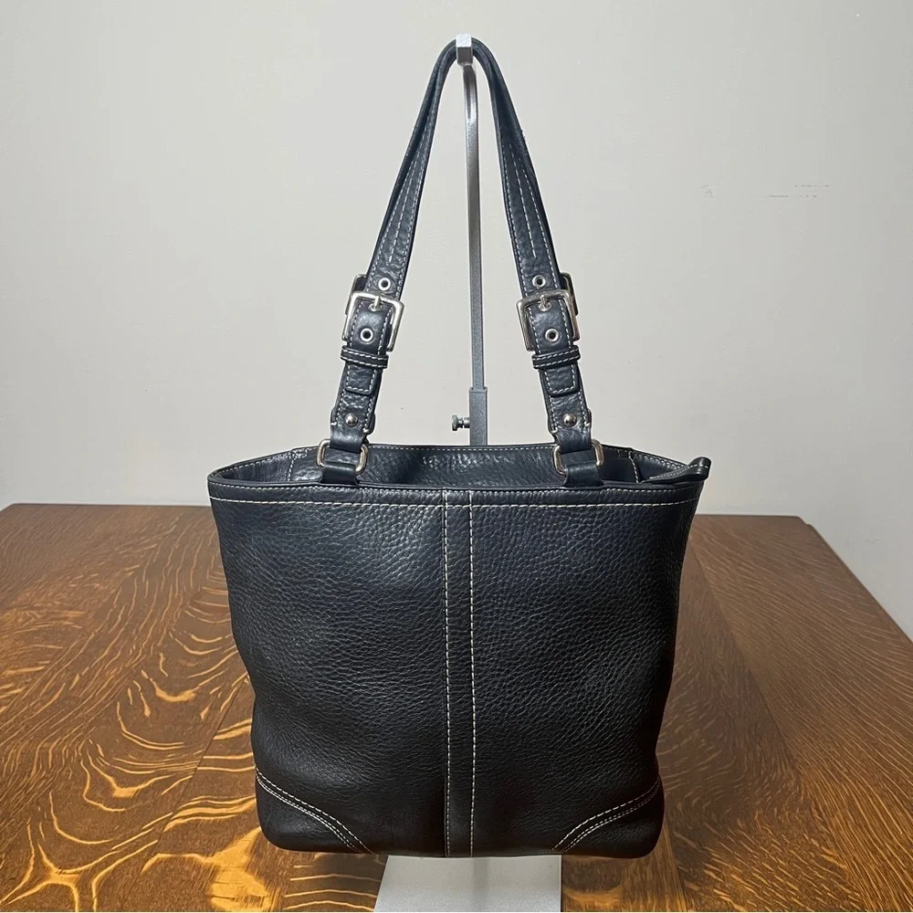 Coach Hamilton Black Pebbled Leather Tote with Buckle Straps & a photo bag charm